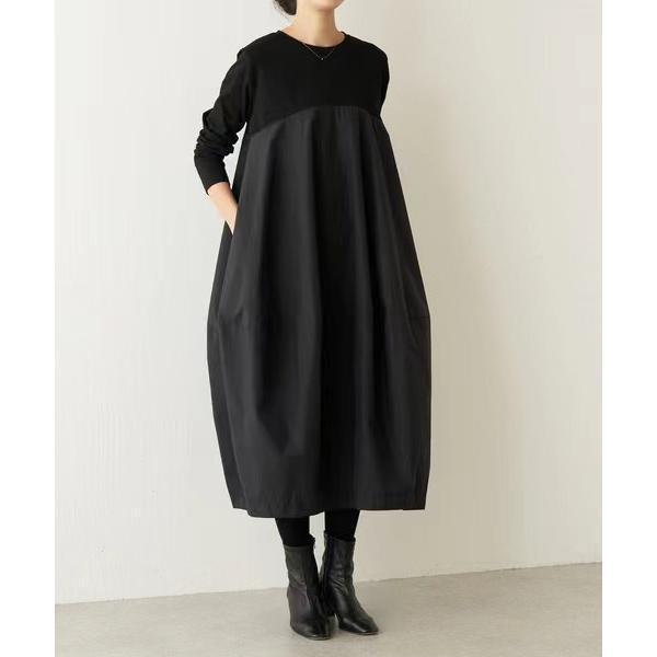 ワンピース40代 2024春新作 長袖 切り替え コクーン ワンピースロング 黒ワンピース ゆったり...