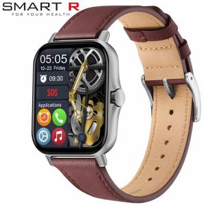 スマートR 腕時計 スマートウォッチ  スクエア デザイン iphone対応 Android対応 血中酸素測定機能 通知機能 SMART R B03 ブラウンレザー 液晶 時計 充電式｜watch-lab