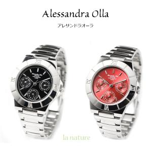 腕時計（ベルト外し工具付き）Alessandra Olla ブレス AO-900 カレンダー付き シルバー ブラック レッド｜watchcrash