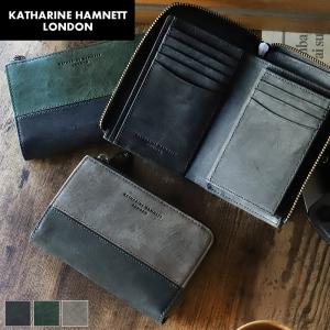 KATHARINE HAMNETT LONDON キャサリンハムネットロンドン  スクラブ 二つ折り財布 ミドルウォレット L字ファスナー レザー 牛革 本革 革小物 490-50600 メンズ｜watermode