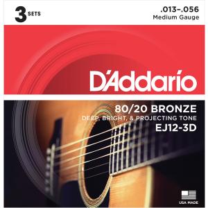 D'Addario 80/20 BRONZE EJ12-3D Medium ダダリオ (アコースティックギター弦) (3セットパック)｜wavehouse