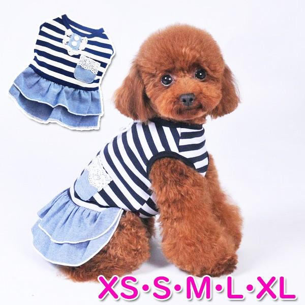 犬 デニム 風 ワンピース スカート かわいい ふりふり レース チワワ トイプー ドッグウェア ド...