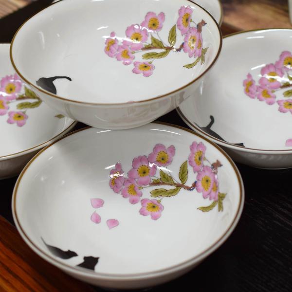 おしゃれ 和食器 九谷焼 小鉢5個 セット 桜とねこ 高級 ブランド 食器 陶器 取り皿