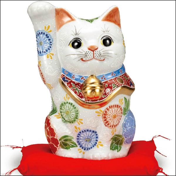 右手 招き猫 置物 九谷焼 7号 招き猫 白盛 座布団付 開店祝い ギフト