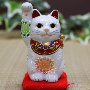 招き猫 置物 陶器 右手 左手 招き猫 白盛 九谷焼 開運 商売繁盛 座布団付