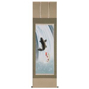 塩川栖ニの掛け軸　風鎮付き 塩川栖ニの掛け軸 風鎮付き 山水の掛け軸 塩川栖二作 彩色山水