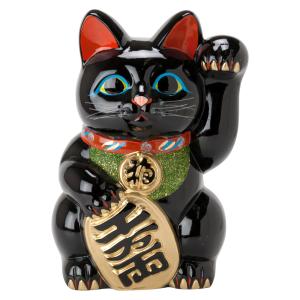 招き猫　左手上げ　黒ネコ　開運招福　千客万来　魔除け　縁起物　アンティーク 15号開運手長招き猫 黒 右手 左手（座布団付） : 人形のモリシゲ