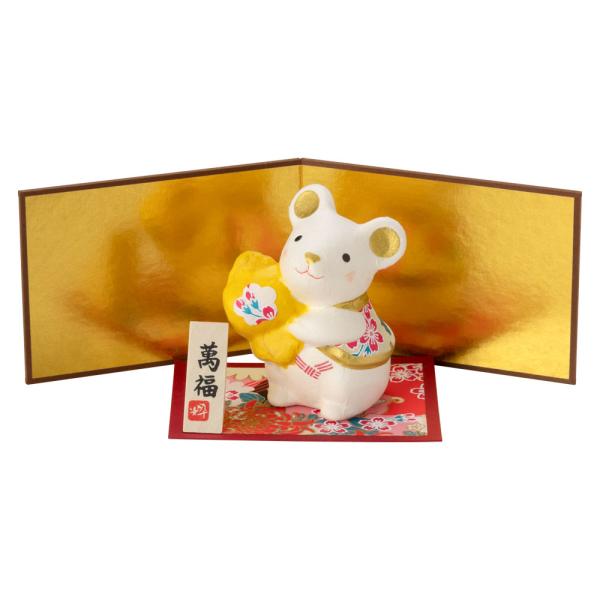 正月干支飾り　金屏風付きセット　和紙貼寿（小）小槌　子 (20972)　美濃和紙を貼った陶器の人形　...
