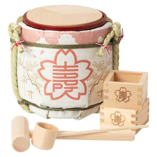 岸本吉二商店　ミニ鏡開きセット　菰樽　日本の四季・春「櫻守」　5勺絵枡2個付き　マグネット式の鏡板で...