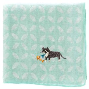 にゃんこハンカチ　くつした猫　七宝柄　刺繍入りガーゼハンカチ　スーベニール　Cat pattern embroidered gauze handkerchief｜wazakkawakei