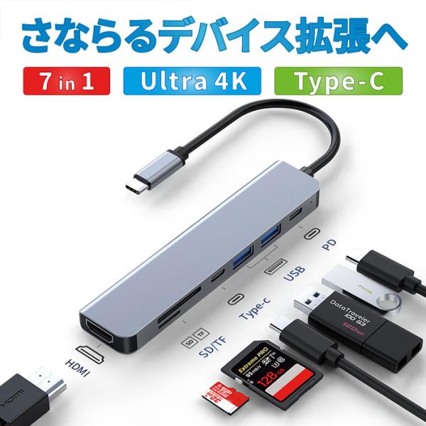 USBハブ 3.0 sdカードリーダー USB3.0 ハブ Type-C 車 7in1 7ポート 薄...