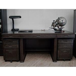 135 高級書斎机 デスク nis ダークブラウン 両袖机 ワゴン付き