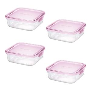 イワキ 保存容器 ガラス 耐熱 四角形 パック＆レンジ ピンク 800ml KT3247N-P 4個セット