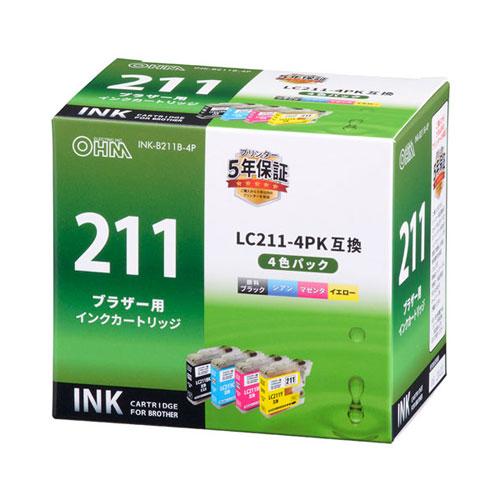 オーム電機 ブラザー LC211-4P対応 互換インクカートリッジ 4色パック INK-B211B-...