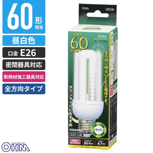 オーム電機 LED電球 D形 E26 60形相当 6.7W 864lm 昼白色 全方向タイプ 発光管...