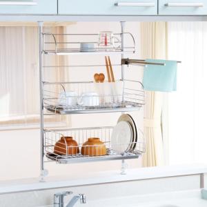 ヨシカワ 水切りラック 突っ張り 3段 日本製 ステンレス 三段 収納棚