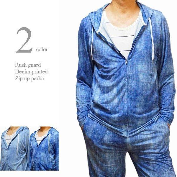 パーカー メンズ ラッシュガード素材 ストレッチ ジップアップパーカー デニムプリント REAL M...