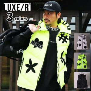 中綿ベスト メンズ レディース ブルゾン LUXE/R ラグジュ フード付き モノグラム ロゴ ラグジュアリースポーツ M L XL ブラック ホワイト 蛍光イエロー 男女兼用｜webcomplete