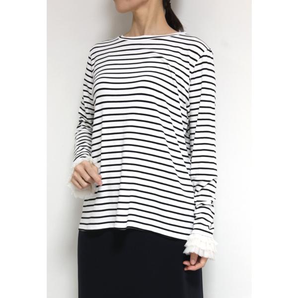 アンナケリー（Anna Kerry）袖チュールレースボーダーカットソー／オフ×ネイビー