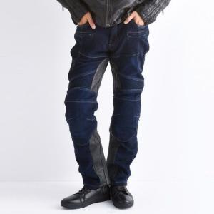 デグナーネイビー デニム レザー パンツ。メンズsizeSソフトタイプ