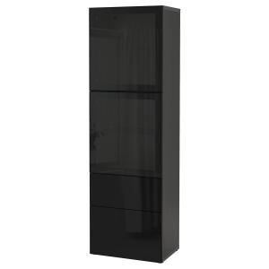 [IKEA/イケア/通販]BESTA ベストー 収納コンビネーション ガラス扉付き, ブラックブラウン/セルスヴィーケン ハイグロス/ブラックスモークガラス, 60x42x193 cm[