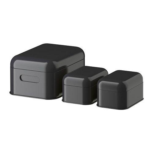 IKEA/イケア SNIKA ふた付きボックス3個セット, ダークグレー