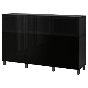 [IKEA/イケア/通販]BESTA ベストー 収納コンビネーション 扉付, ブラックブラウン セルスヴィーケン/グラスヴィーク ハイグロス/ブラックスモークガラス, 180x42