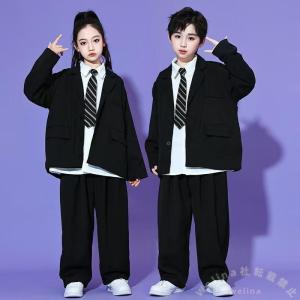 黒白ダンス衣装キッズヒップホップセットアップ長袖シャツネクタイ Welina（株） 女の子男の子発表会ジャケットロングパンツ K-POPかっこいい男女兼用