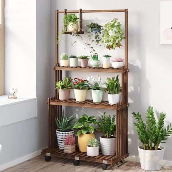 フラワースタンド 木製 3段 ガーデンラック 幅50〜90cm Welina（株） ハンギング吊り棚...