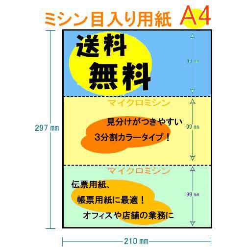 送料無料 穴なし 3分割 3色 カラー[青/黄/緑] 100枚・200枚 A4 ミシン目入り用紙 プ...