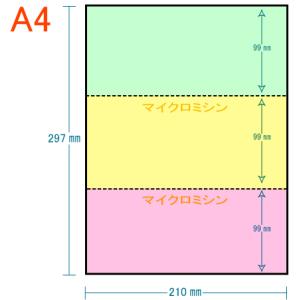 穴なし 3分割 3色 カラー[緑/黄/ピンク] 100枚〜30,000枚 A4 ミシン目入り用紙 プリンター用紙 コピー用紙 安い