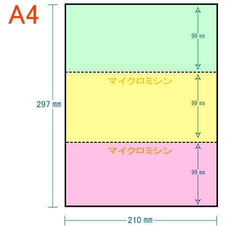 穴なし 3分割 3色 カラー[緑/黄/ピンク] 100枚〜30,000枚 A4 ミシン目入り用紙 プ...