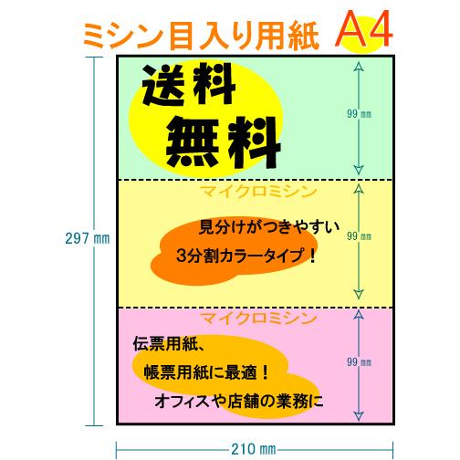 送料無料 穴なし 3分割 3色 カラー[緑/黄/ピンク] 100枚・200枚 A4 ミシン目入り用紙...