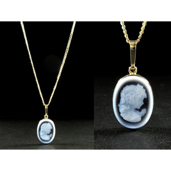 14KT枠 メノウ 右向き美女 カメオ ペンダント 18K YG イエローゴールド チェーン ネック...