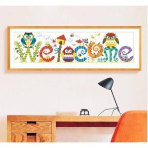 クロスステッチ 刺繍キット welcome＆いらっしゃい フクロウ模様 図案印刷 手芸 初心者 簡単...