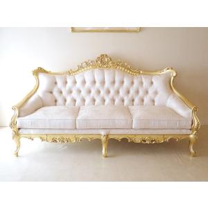 オーダー家具 New 輸入 ソファ アンティーク仕上げ リボンとブーケ柄オフホワイトの張地 ロココ調ソファ ヴィクトリアンスタイル 金箔塗装 オーダー家具 3シーター Ordersofa1 ウエストハウスギャラリーヤフー店 ロココ調ソファ