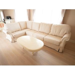 フィガロ コーナーソファ ハイバックタイプ W342cm リボンとブーケ柄 オフホワイト ３パーツ　輸入 オーダー家具