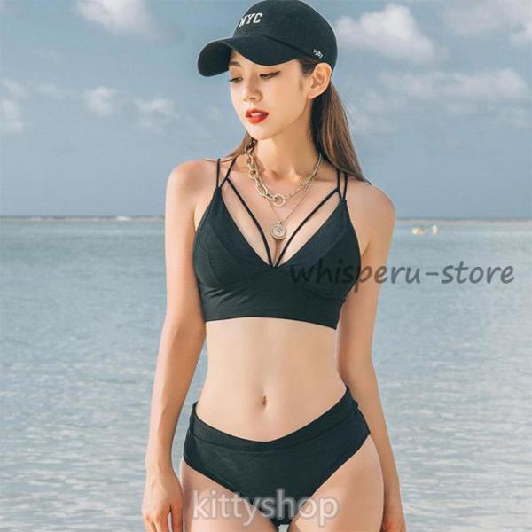 黒 ビキニ 水着 レディース ブラック  ビキニ 2点セット 無地 スイムウェア ビキニ 水着 セパ...