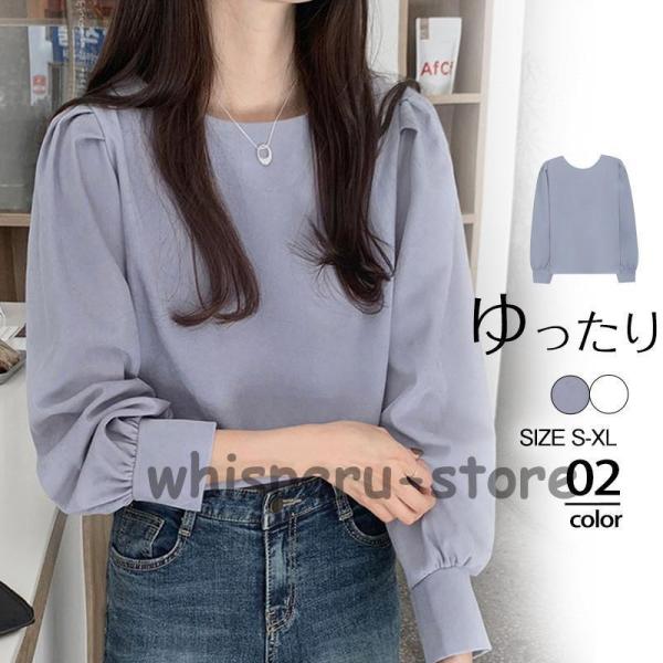 ブラウス レディース シャツ 長袖 オフィス シフォン クルーネック ゆったり パフスリーブ 無地 ...