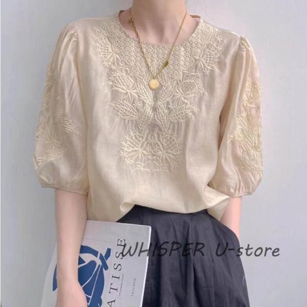 ブラウス レディース 40代 春夏 オシャレブラウス レースシャツ 半袖 刺繍 上品 パフスリーブブ...