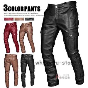 レザーパンツ メンズ 革パンツ 皮パンツ バイカーパンツ シワ加工