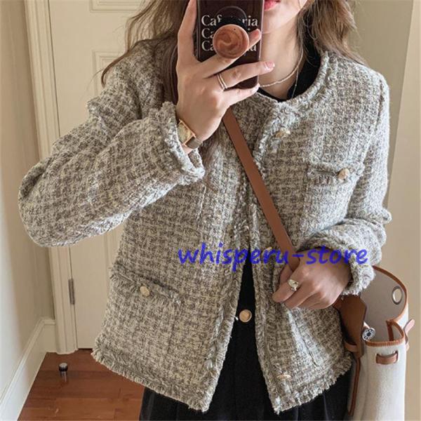 ノーカラージャケット ショート丈 チェック柄 ノーカラー 襟なし きれいめ エレガント 韓国 秋冬 ...