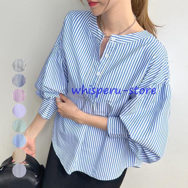 ブラウス   ハイネック ボーダー柄 オフィスカジュアル ピンク 韓国 ファッション ストライプ柄バ...