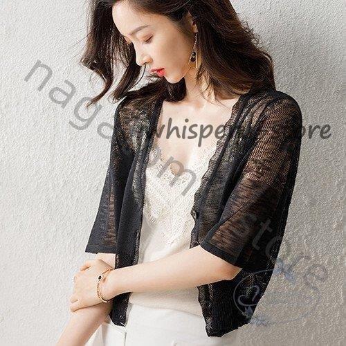 トップス レディース 夏 コンサバ カーディガン ５分袖 半袖 Ｖネック レース編み 透け感 羽織も...