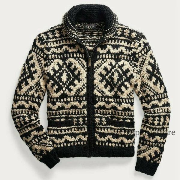 セーター メンズ 長袖 秋服 ローゲージ 冬服 保温 ジャカード カーディガン ハイネック ジップア...