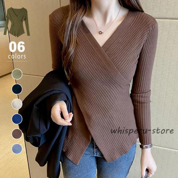 ニット カシュクール トップス セーター レディース 長袖 vネック リブニット リブ プルオーバー...