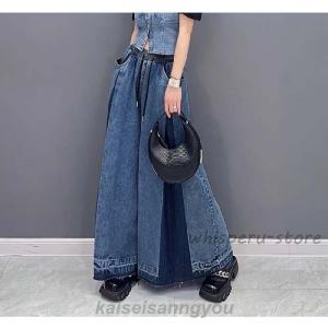 ワイドパンツ デニム レディース 切り替え フ...の詳細画像2
