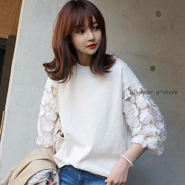 白 Tシャツ レディース 夏 無地 7分袖Tシャツ レース切り替えトップス パフスリーブ ブラウス ...