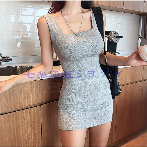 ノースリーブワンピース ミニ丈 レディース タンクトップ キャミソール 無地 タイトワンピ ボディコ...