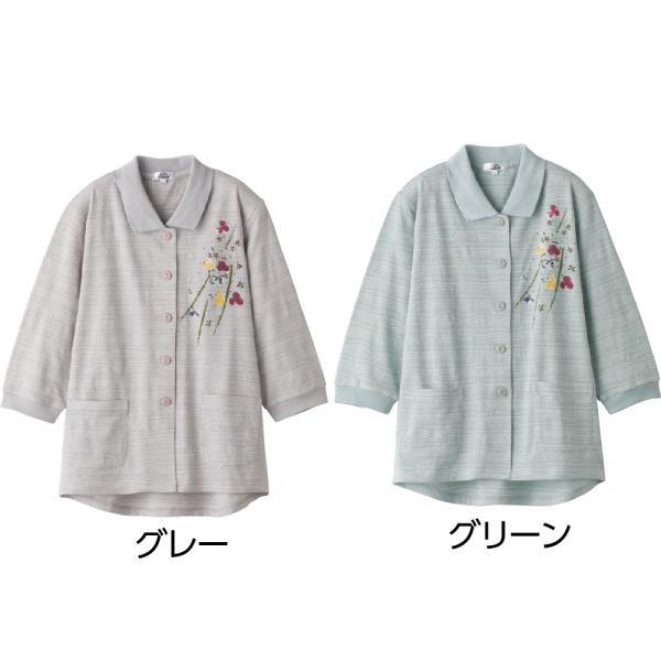 婦人7分袖ワンタッチテープポロカーディ 821168目を惹く手書き風花柄プリント  　ケアファッショ...